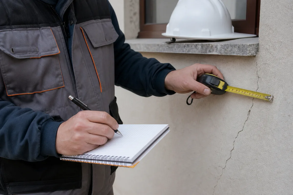 Technicien relevant des mesures sur la façade fissurée d&rsquo;une maison, avec un carnet et un mètre ruban