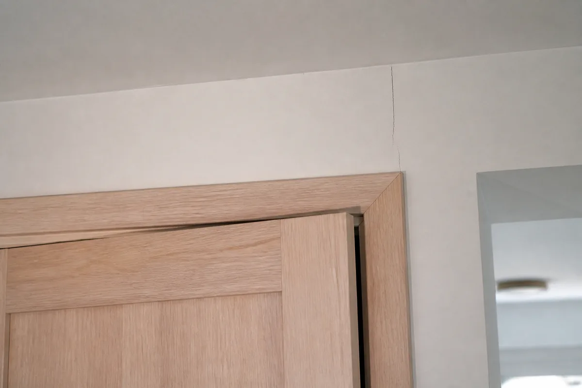 Porte intérieure qui coince dans son cadre déformé, avec un jeu visible entre l&rsquo;huisserie et le mur