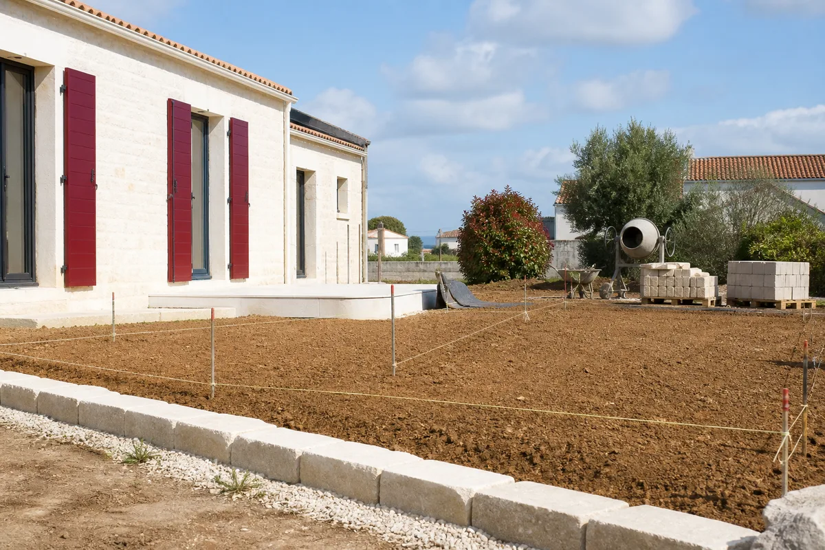 Jardin en cours de préparation avec terre nivelée et cordeaux de niveau