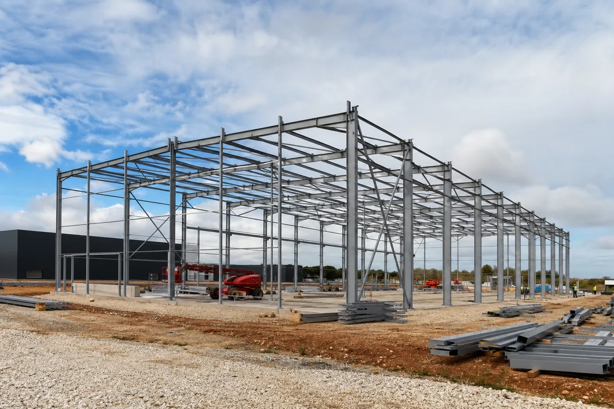 Charpente métallique d&rsquo;un bâtiment industriel en cours de montage