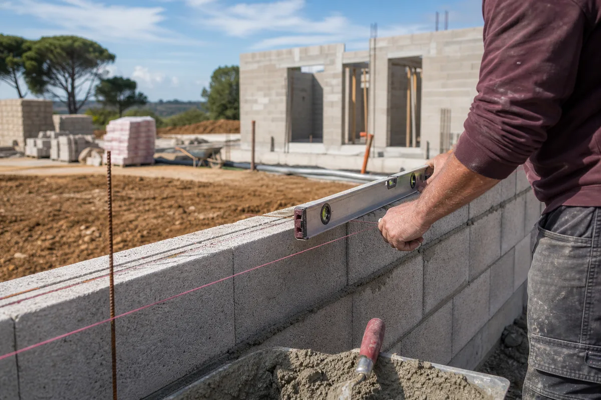 Maçon montant un mur en blocs béton avec niveau et cordeau