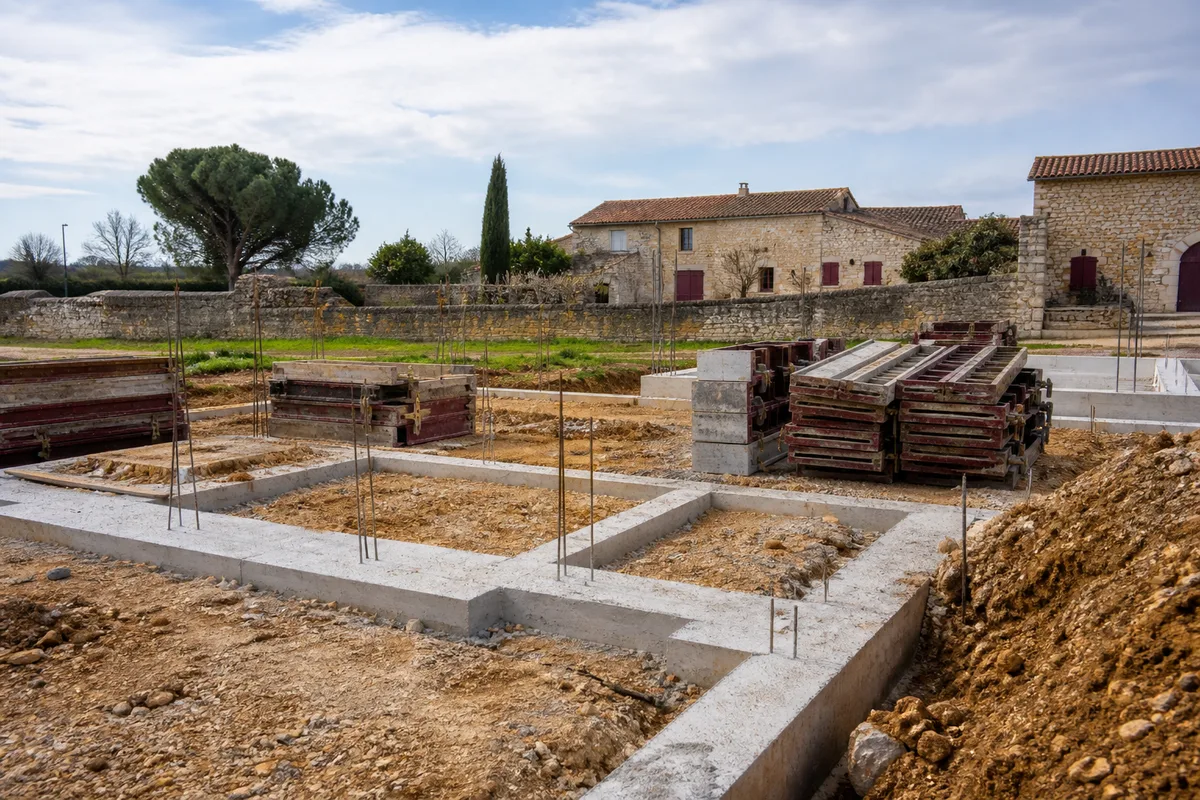Chantier de maçonnerie avec fondations coulées et banches en attente