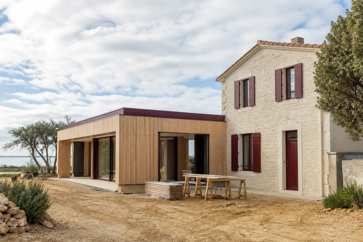 Extension contemporaine accolée à une maison en pierre claire