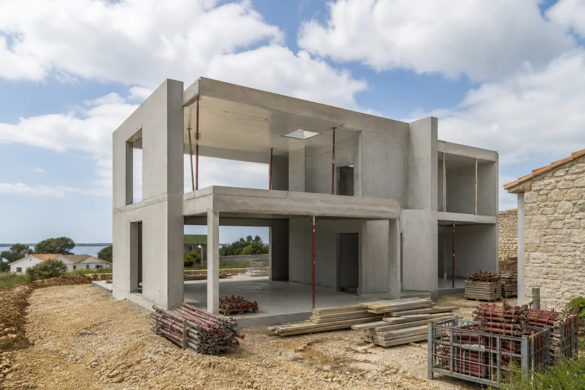 Ossature béton d&rsquo;une maison en construction avec planchers et murs porteurs