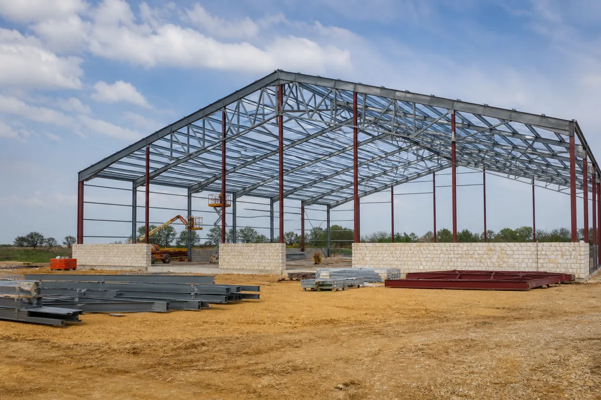Hangar à charpente métallique en cours de construction sur une plateforme