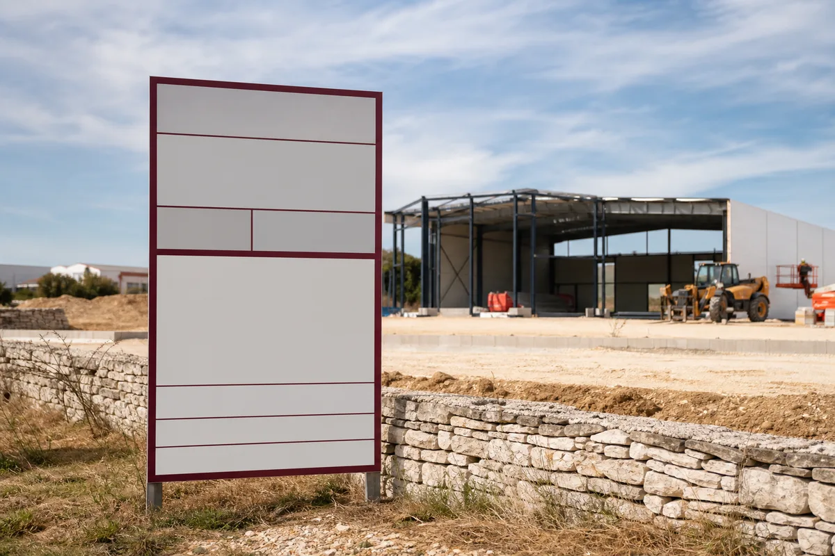 Panneau d’affichage de permis de construire devant un terrain d’activité
