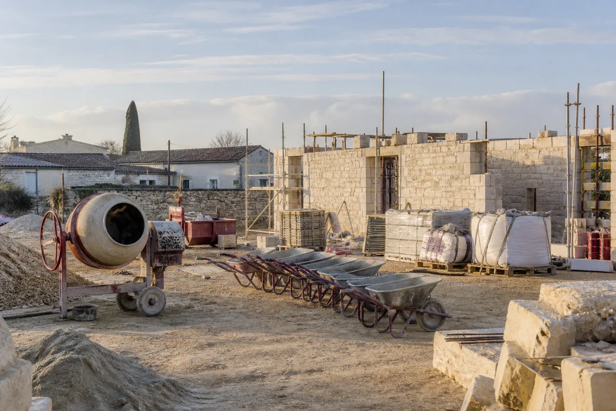 Pelle mécanique creusant une tranchée de fondation sur un terrain en cours de terrassement