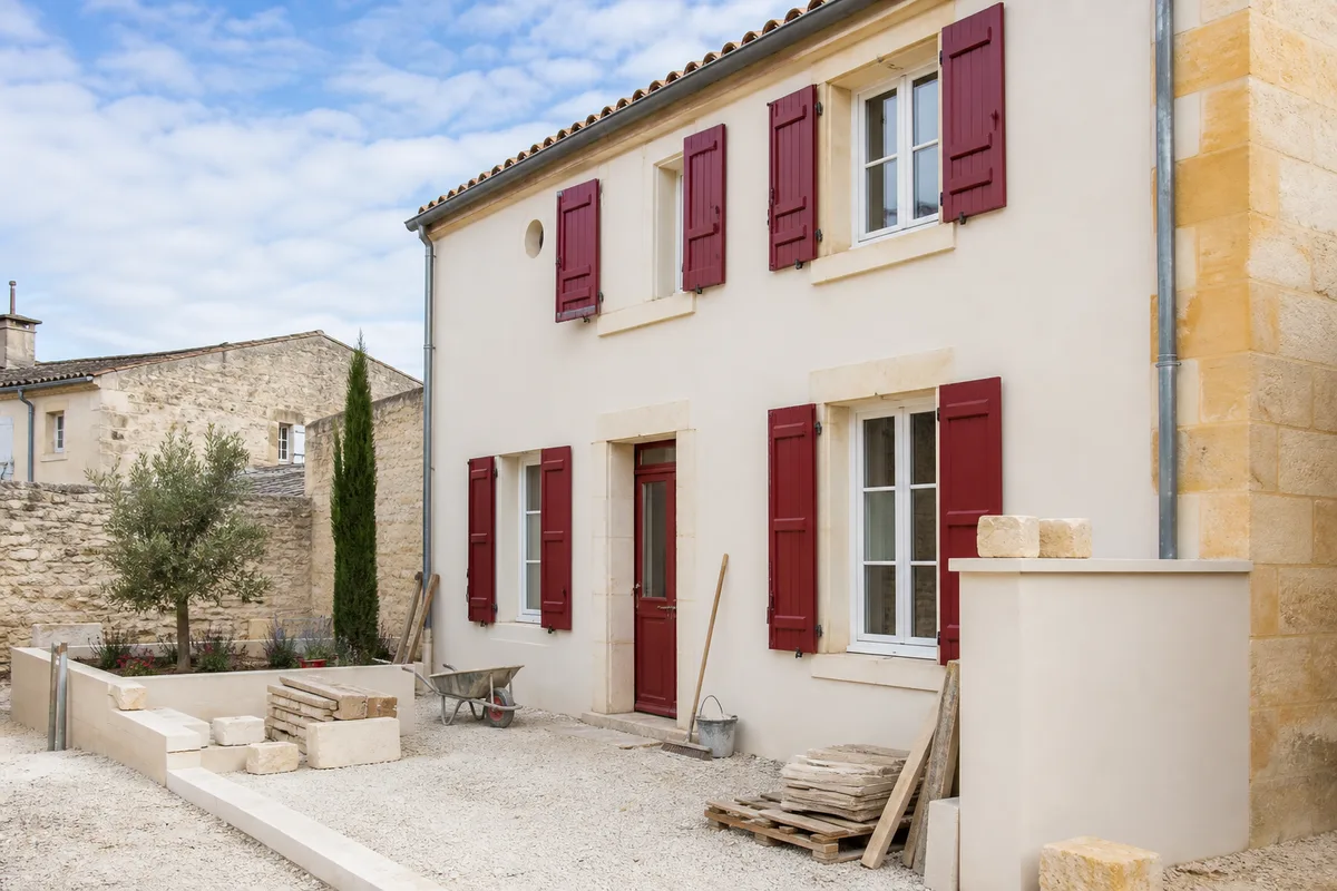 Façade de maison de ville rénovée avec enduit clair et volets neufs