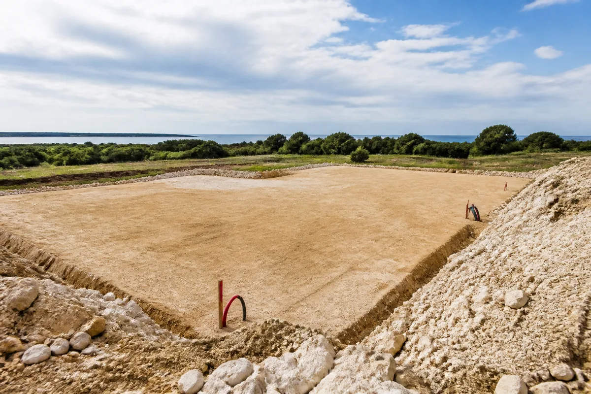Terrain nivelé et compacté prêt à recevoir les fondations d&rsquo;une maison